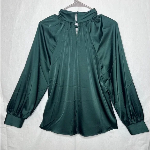 Fifty Street Emerald Green Satin High Neck Twisted Keyhole Blouse Top Large NWT - Picture 2 of 4